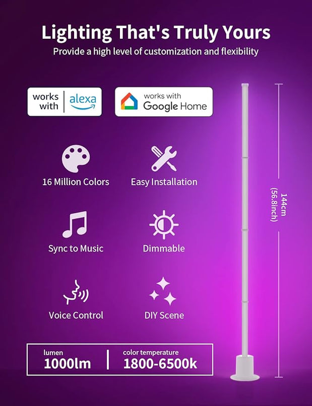 Smart Corner Floor Lamp - LED Floor Lamp with Alexa and App Control, 16 Million DIY Colors, Music Sync, DIY Color Modes,Timer Setting, Suitable for Living Room and Bedroom - LeafyLoom