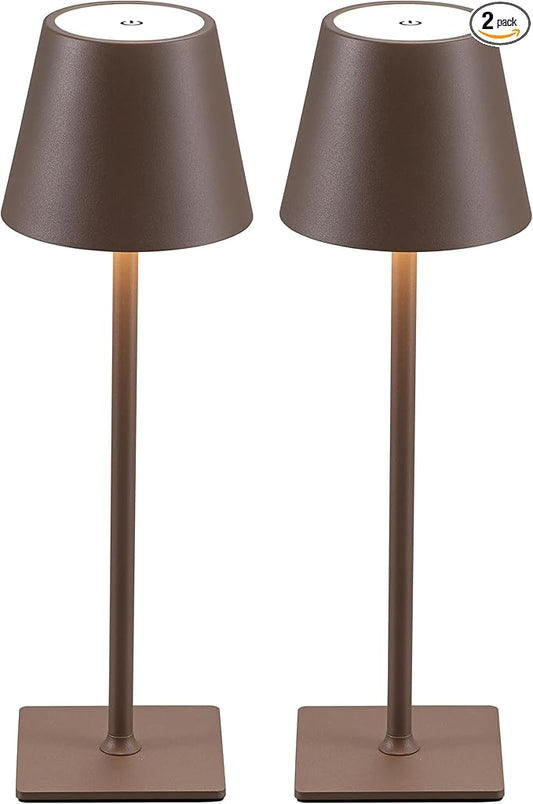 KDG 2 Pack Cordless Table Lamp,Portable LED Desk Lamp, 5000mAh Battery Operated, 3 Color Stepless Dimming Up, for Restaurant/Bedroom/Bars/Outdoor Party/Camping/Coffee Shop Night Light(Brown) - LeafyLoom