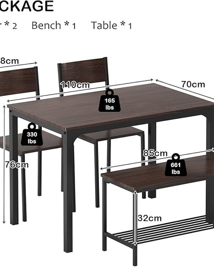sogesfurniture 4 Piece Dining Table Set, Dining Table Set for 4, Kitchen Dinner Table with Benches for 4, includes Table, 2 Chairs & Bench, Brown - LeafyLoom