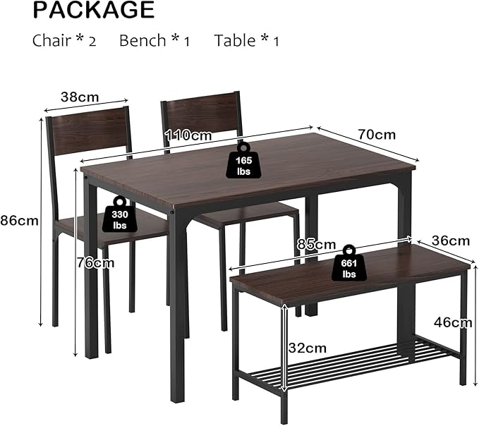 sogesfurniture 4 Piece Dining Table Set, Dining Table Set for 4, Kitchen Dinner Table with Benches for 4, includes Table, 2 Chairs & Bench, Brown - LeafyLoom