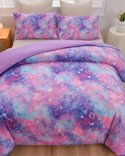 Holawakaka Tie Dye Constellation Print Ombre Comforter Set Queen Size Girls Boys Gradient Galaxy Bedding Sets(Purple, Queen) - LeafyLoom