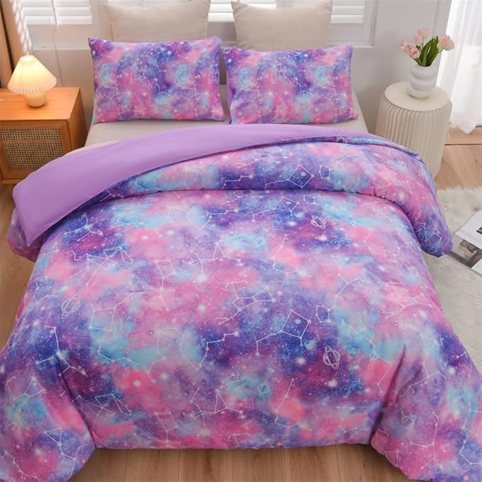 Holawakaka Tie Dye Constellation Print Ombre Comforter Set Queen Size Girls Boys Gradient Galaxy Bedding Sets(Purple, Queen) - LeafyLoom