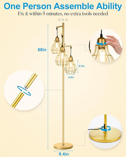 Lightdot 68IN Industrial Floor Lamp Dimmable (Brightness Adjustable), Farmhouse Tree Floor Lamp with E26 LED Edision Bulbs Included, 3-Light Tall Pole Standing Lamp for Living Room Bedroom-Gold - LeafyLoom