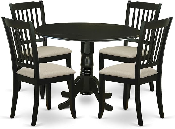East West Furniture DLDA5-BLK-C Dublin 5 Piece Dining Set for 4 Includes a Round Kitchen Table with Dropleaf and 4 Linen Fabric Upholstered Dinette Chairs, 42x42 Inch, Black - LeafyLoom