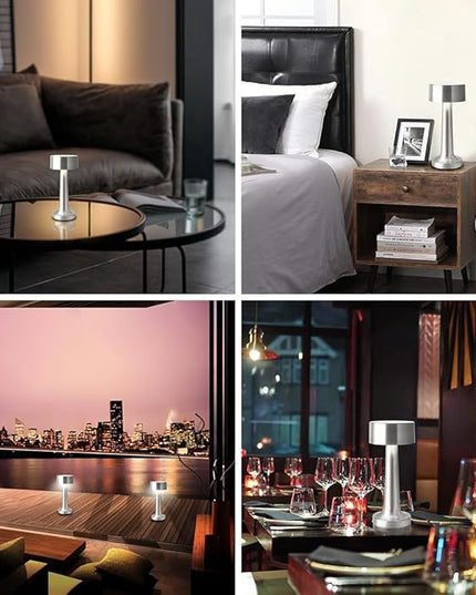 Portable LED Table Lamp, 3-Levels Brightness Metal Desk Lamp, 3 Color Touch Control Rechargeable Lamp, Night Light, Bedside Lamp,Dining Room Lamp,Gifts for Friends (Silver) - LeafyLoom
