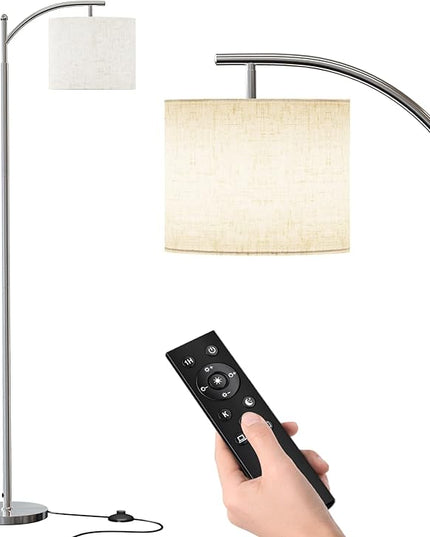 SUNMORY Dimmable Floor Lamp with Remote Control，Lamp for Living Room Stepless Color Temperature and Brightness, Standing Lamp for Bedroom and Office with 1H Timer，Nickel Floor Lamp with Linen Shade - LeafyLoom