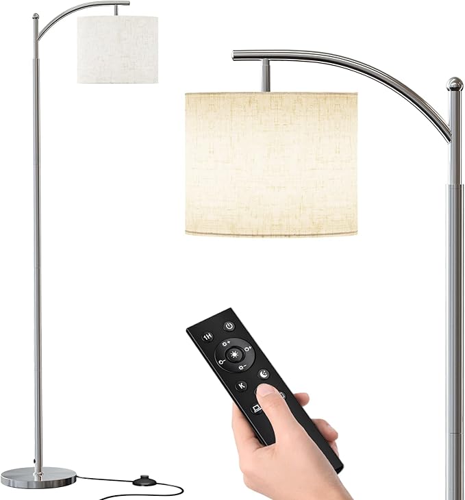 SUNMORY Dimmable Floor Lamp with Remote Control，Lamp for Living Room Stepless Color Temperature and Brightness, Standing Lamp for Bedroom and Office with 1H Timer，Nickel Floor Lamp with Linen Shade - LeafyLoom