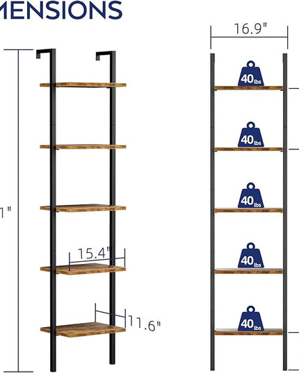 NUMENN Industrial Ladder Shelf, 5 Tier Book Shelf, Open Space Wall Mount Bookshelf with Metal Frame, Sturdy Book Shelves, Bookcase for Living Room, Vintage Brown - LeafyLoom