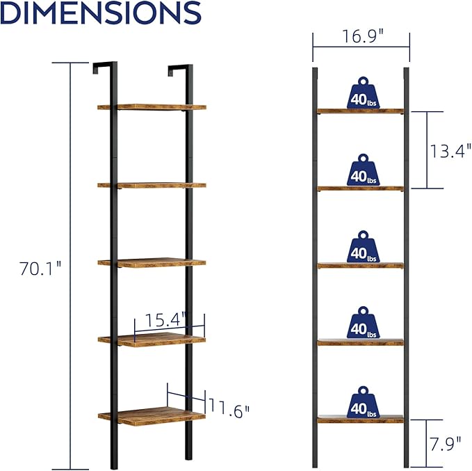 NUMENN Industrial Ladder Shelf, 5 Tier Book Shelf, Open Space Wall Mount Bookshelf with Metal Frame, Sturdy Book Shelves, Bookcase for Living Room, Vintage Brown - LeafyLoom