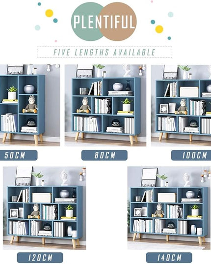 IOTXY Wooden Open Shelf Bookcase - 3-Tier Floor Standing Display Cabinet Rack with Legs, 7 Cubes Bookshelf, Bright Blue - LeafyLoom