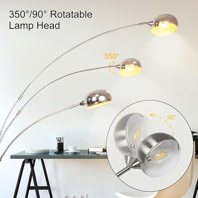 DLLT 3-Light Arc Floor Lamp, 86.6" Chrome Floor Lamps for Living Room, Multi-Head LED Standing Tall Lamp with Adjustable Arms, Modern Tree Floor Lamp for Bedroom, Study, Office, E12 Bulbs Included - LeafyLoom