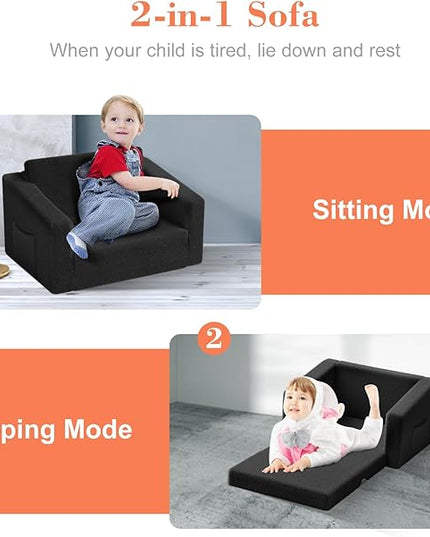 Kids Couch,2-in-1 Toddler Chairs for Boys,Kids Sofa with Storage,Comfortable Kids Sofa Bed,Fun Kids Lounge Chair,Toddler Furniture,Kids Playroom,Children'S Gifts (Black) - LeafyLoom
