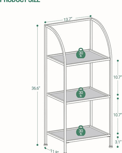 Bookcase Bookshelf, Tempered Glass Arched Bookshelf for More Storage, Slim Shelving Unit for Bedroom, Bathroom, Home Office, Steel Frame, 3 Tier Gold BC20399G - LeafyLoom