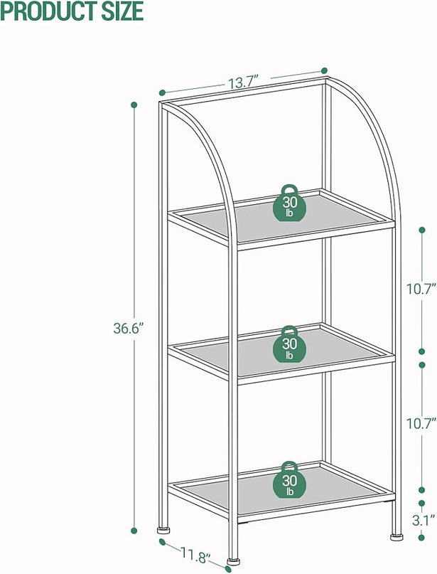 Bookcase Bookshelf, Tempered Glass Arched Bookshelf for More Storage, Slim Shelving Unit for Bedroom, Bathroom, Home Office, Steel Frame, 3 Tier Gold BC20399G - LeafyLoom
