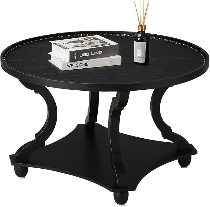 Wnutrees Farmhouse Round Coffee Table,Wood Tray Top Circle Coffee Table with Storage Shelf Rustic Style for Living Room and Vintage Finish,Black - LeafyLoom