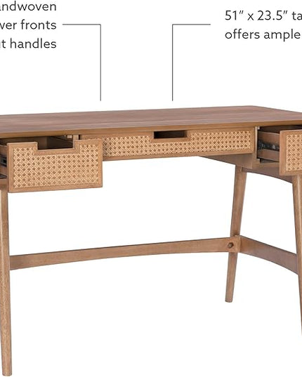 Linon Natural Dutton Wood and Rattan Desk - LeafyLoom