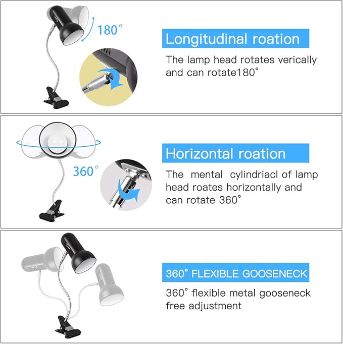 Clamp Desk Lamps 360 ° Flexible Clip on Light,Portable Book Reading Light,Clip on Desk/Table/Bed/Piano/headboard Light Home/Bedroom Lighting - LeafyLoom