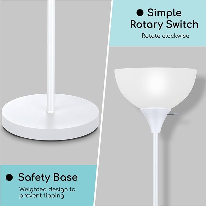 Floor Lamp, LED Standing Lamps with White Plastic Shade, White Modern Torchiere Floor Lamp, Tall Lamps for Living Room Dorm Bedroom, Rotary Switch, E26 Base, Bulb not Included, White - LeafyLoom