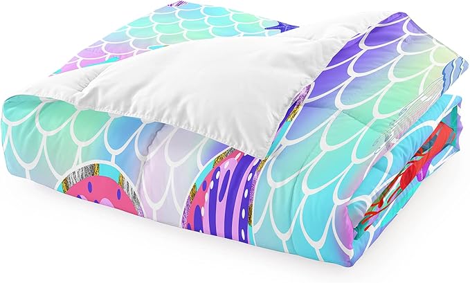 Mermaid Tail Comforter Set Twin for Kids Girls Bedroom, Rainbow Mermaid Fish Scale Comforter Set Twin Bed in a Bag, Glitter Mermaid Printed Pattern Bedding Decor 1 Comforter 1 Pillowcase - LeafyLoom