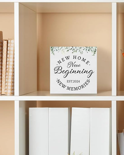 Creoate Housewarming Gifts New Home Decor New Home New Memories Wooden Box Sign Rustic Housewarming White Block Sign Home Décor Accents Living Room Shelf Desk Decoration 5.9 x 5.9 Inches Gift (White) - LeafyLoom