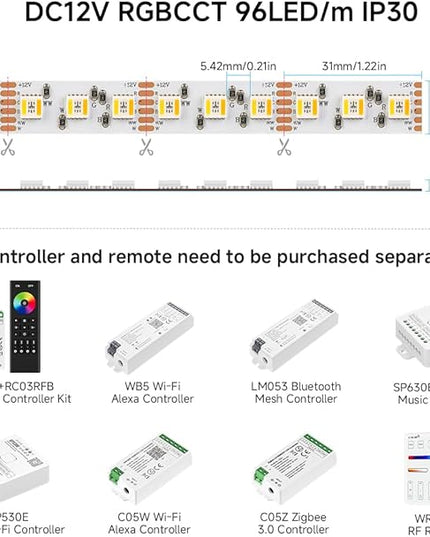 BTF-LIGHTING RGBCCT 5 Colors in 1 LED Tape Lights 5050SMD RGBWW RGB+Dimmable Color Temperature 2700K-6500K 16.4ft 96LED/m 480LED IP30 DC12V White PCB for Home Decoration(No Adapter or Controller) BTF-LIGHTING