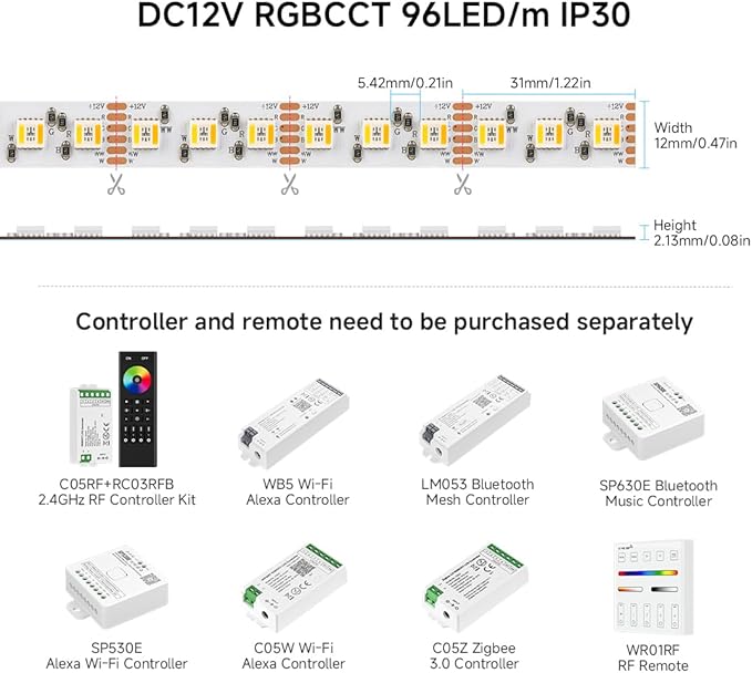 BTF-LIGHTING RGBCCT 5 Colors in 1 LED Tape Lights 5050SMD RGBWW RGB+Dimmable Color Temperature 2700K-6500K 16.4ft 96LED/m 480LED IP30 DC12V White PCB for Home Decoration(No Adapter or Controller) BTF-LIGHTING