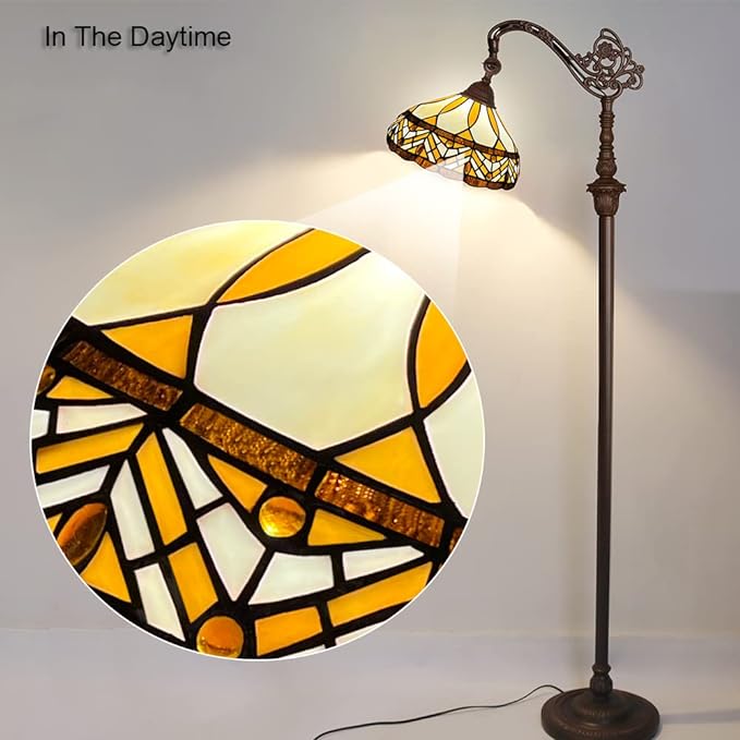 Capulina Tiffany Floor Lamp Antique Amber Melody Style Stained Glass Soft Light Arched Gooseneck Adjustable Angle Reading Floor Lamp for Living Room Bedroom Home Office - LeafyLoom