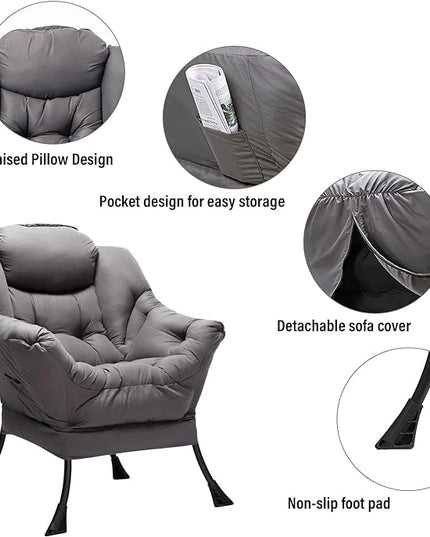 Welnow Lazy Chair with Ottoman, Modern Lounge Accent Chair with Armrests and a Side Pocket, Leisure Upholstered Sofa Chair Reading Chair with Footrest for Small Space, Corner Chair, Dark Grey - LeafyLoom