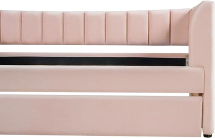 Twin Size Upholstered Velvet Daybed with Trundle,Wood Bed Frame w/ 2 Armrests,Slat Support,No Box Spring Needed,for Small Living Spaces and Accommodating Guests,Pink - LeafyLoom