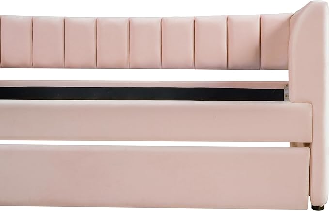 Twin Size Upholstered Velvet Daybed with Trundle,Wood Bed Frame w/ 2 Armrests,Slat Support,No Box Spring Needed,for Small Living Spaces and Accommodating Guests,Pink - LeafyLoom