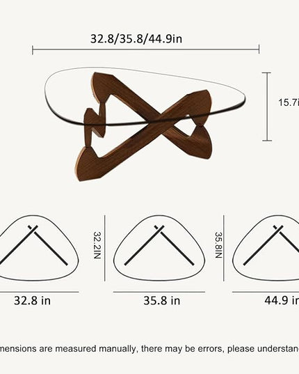 Triangle Coffee Table Glass Coffee Table for Living Room Clear Glass Coffee Table with Solid Wood Base Mid Century Modern Coffee Table for Small Spaces (Walnut-Transparent, 44.9in) - LeafyLoom