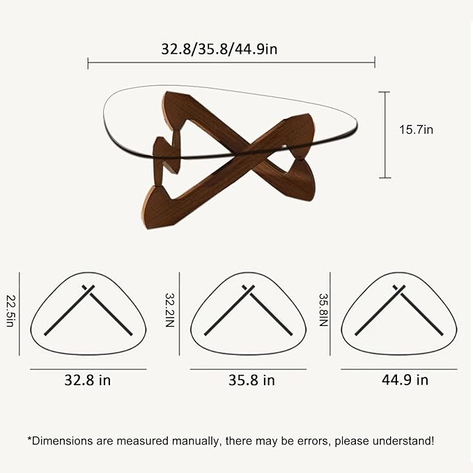 Triangle Coffee Table Glass Coffee Table for Living Room Clear Glass Coffee Table with Solid Wood Base Mid Century Modern Coffee Table for Small Spaces (Walnut-Transparent, 44.9in) - LeafyLoom
