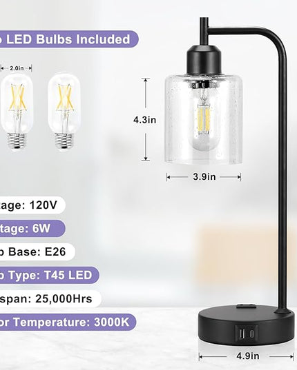 Industrial Touch Table Lamps for Bedrooms Set of 2 - 3-Way Dimmable Lamps with USB C+A Ports and Outlet, Black Bedside Lamps with Seeded Clear Glass Shade for Living Room, Desk Lamps for Home Office - LeafyLoom