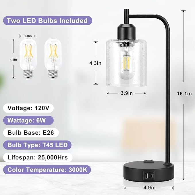 Industrial Touch Table Lamps for Bedrooms Set of 2 - 3-Way Dimmable Lamps with USB C+A Ports and Outlet, Black Bedside Lamps with Seeded Clear Glass Shade for Living Room, Desk Lamps for Home Office - LeafyLoom