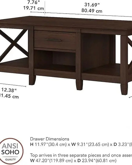Bush Furniture Key West Coffee Table with Storage with Aged Bronze Hardware | Center Counter for Living Room, 47Wx24Dx18H, Bing Cherry - LeafyLoom