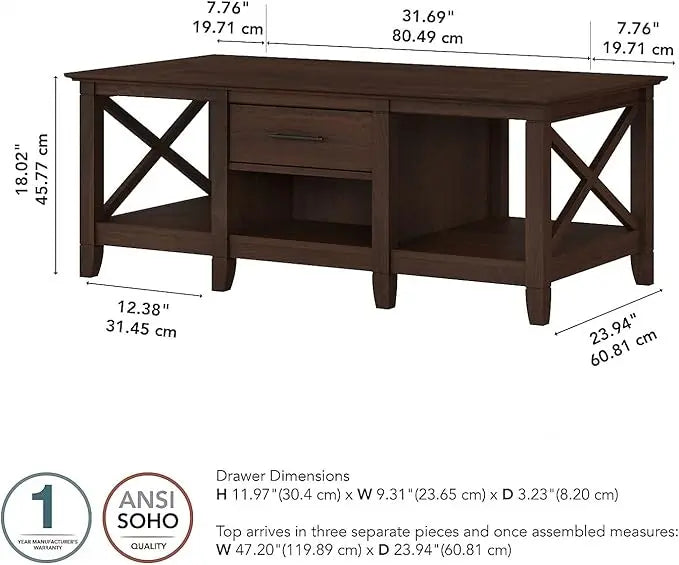 Bush Furniture Key West Coffee Table with Storage with Aged Bronze Hardware | Center Counter for Living Room, 47Wx24Dx18H, Bing Cherry - LeafyLoom