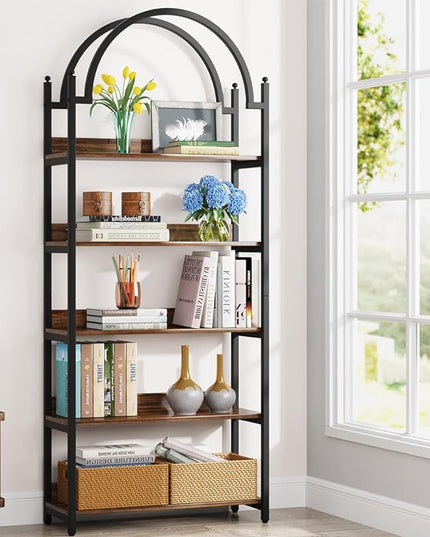 Tribesigns 5-shelf Arched Bookcase, Industrial Metal Etagere Open Bookshelf, Rustic Wood Shelf with Black Metal Frame,72 Inches Tall(1, Brown+Black) - LeafyLoom