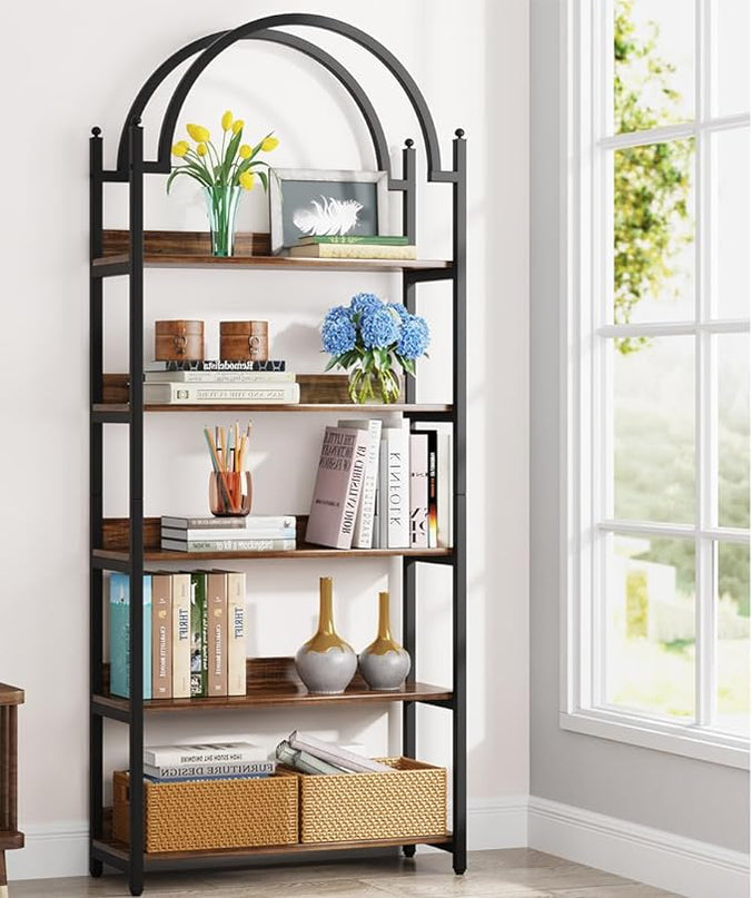 Tribesigns 5-shelf Arched Bookcase, Industrial Metal Etagere Open Bookshelf, Rustic Wood Shelf with Black Metal Frame,72 Inches Tall(1, Brown+Black) - LeafyLoom