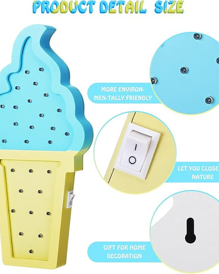 2 Pcs Ice Cream Valentine Romance Atmosphere Light Wooden Ice Cream LED Night Light Ice Cream Theme Valentine Romance Lamps Battery Operated LED Night Lights for Party (White-Blue, Blue-Yellow) - LeafyLoom