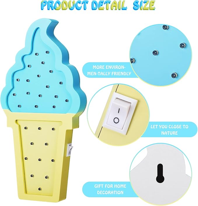 2 Pcs Ice Cream Valentine Romance Atmosphere Light Wooden Ice Cream LED Night Light Ice Cream Theme Valentine Romance Lamps Battery Operated LED Night Lights for Party (White-Blue, Blue-Yellow) - LeafyLoom