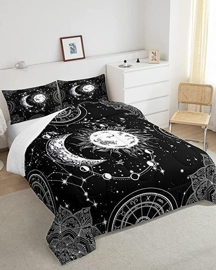 Sun and Moon Bedding Set Constellation Galaxy Comforter Set for Kids Boys Girls Teens Psychedelic Boho Mandala Comforter Breathable Celestial Duvet Set Black White Room Decor Quilt Cover King Size - LeafyLoom
