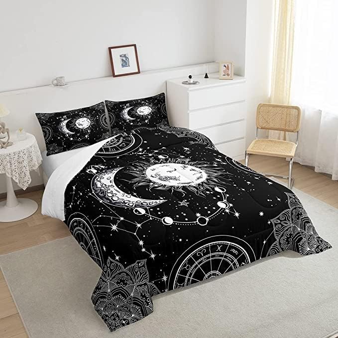 Sun and Moon Bedding Set Constellation Galaxy Comforter Set for Kids Boys Girls Teens Psychedelic Boho Mandala Comforter Breathable Celestial Duvet Set Black White Room Decor Quilt Cover King Size - LeafyLoom