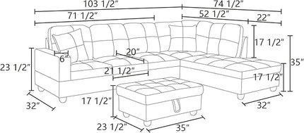 ROOMTEC Button L Shape 3 Piece Sectional Sofa Set, Upholstered Corner Couch with Storage Ottoman, Faux Leather Tufted Cushions, for Living Room, Apartment, Red, 103inch, Pink w/Right Chaise Lounge - LeafyLoom