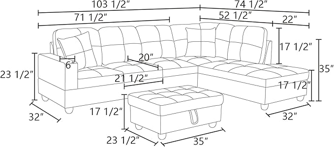 ROOMTEC Button L Shape 3 Piece Sectional Sofa Set, Upholstered Corner Couch with Storage Ottoman, Faux Leather Tufted Cushions, for Living Room, Apartment, Red, 103inch, Pink w/Right Chaise Lounge - LeafyLoom