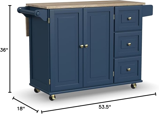 Homestyles Mobile Kitchen Island Cart with Wood Drop Leaf Breakfast Bar, Blue - LeafyLoom