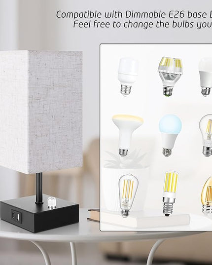 Fully Dimmable Table Lamps Set of 2,Small Table Lamp for Bedroom Kids Room, Bedside Lamp with USB C + A Ports & AC Outlet, Square Beige Fabric Shade Black Metal Base(LED Blubs Included). - LeafyLoom