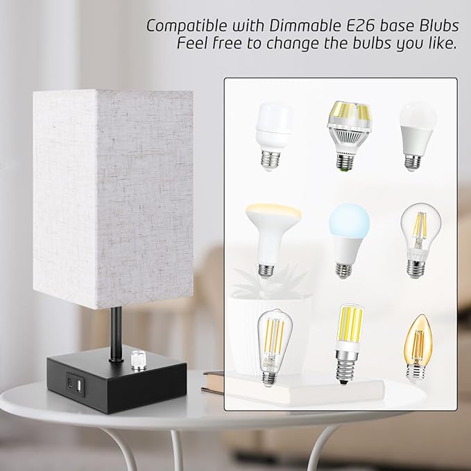 Fully Dimmable Table Lamps Set of 2,Small Table Lamp for Bedroom Kids Room, Bedside Lamp with USB C + A Ports & AC Outlet, Square Beige Fabric Shade Black Metal Base(LED Blubs Included). - LeafyLoom