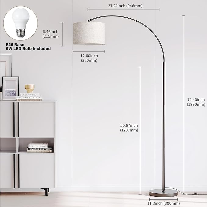 SUNMORY Arc Floor Lamp with 3 Color Temperature,Modern Floor Lamp with 9w A19 LED Bulb,75″Height Tall Lamp for Living Room with Hanging Drum Shade and Weighted Base.Arched Standing Lamp for Bedroom - LeafyLoom