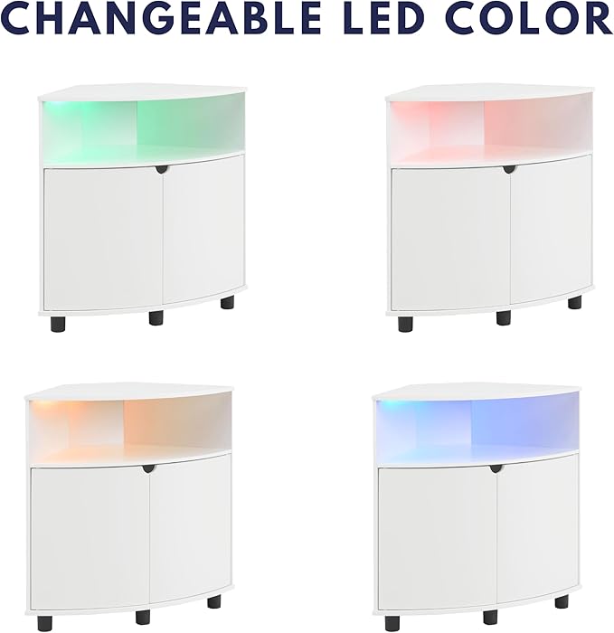 Berg Modern 31-inch 16 Colors LED Corner Cabinet with Doors and 2 Shelves, USB Charge Cord, Small TV Stand for Living Room, Home Office, White Pure - LeafyLoom