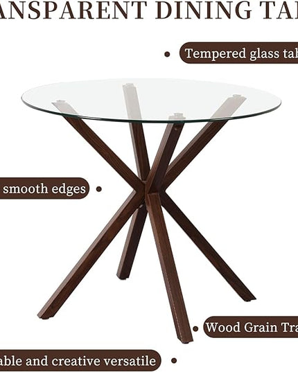 Round Glass Dining Table,34.7" Glass Top Kitchen Table with Wooden Grain Metal Legs,Modern Dining Room Table for 2 or 4,Circle Dinner Table for Kitchen, Small Spaces, Apartment - LeafyLoom